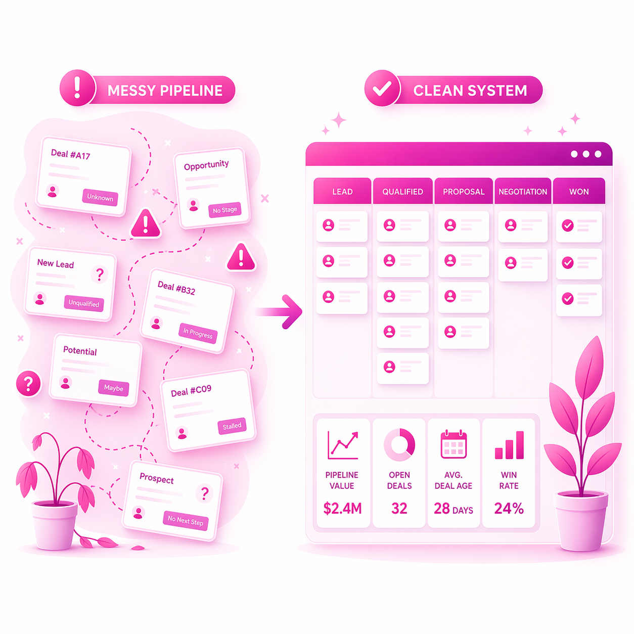 Messy vs clean pipeline website image - modern